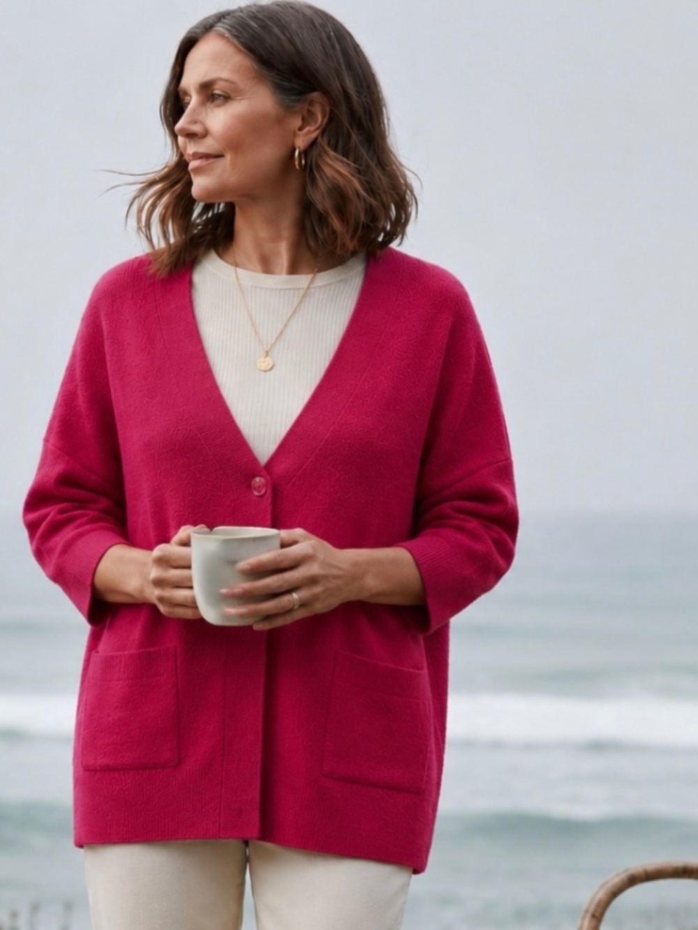 Sutton Cashmere Fuchsia Pink Single Button Cardigan Sweater